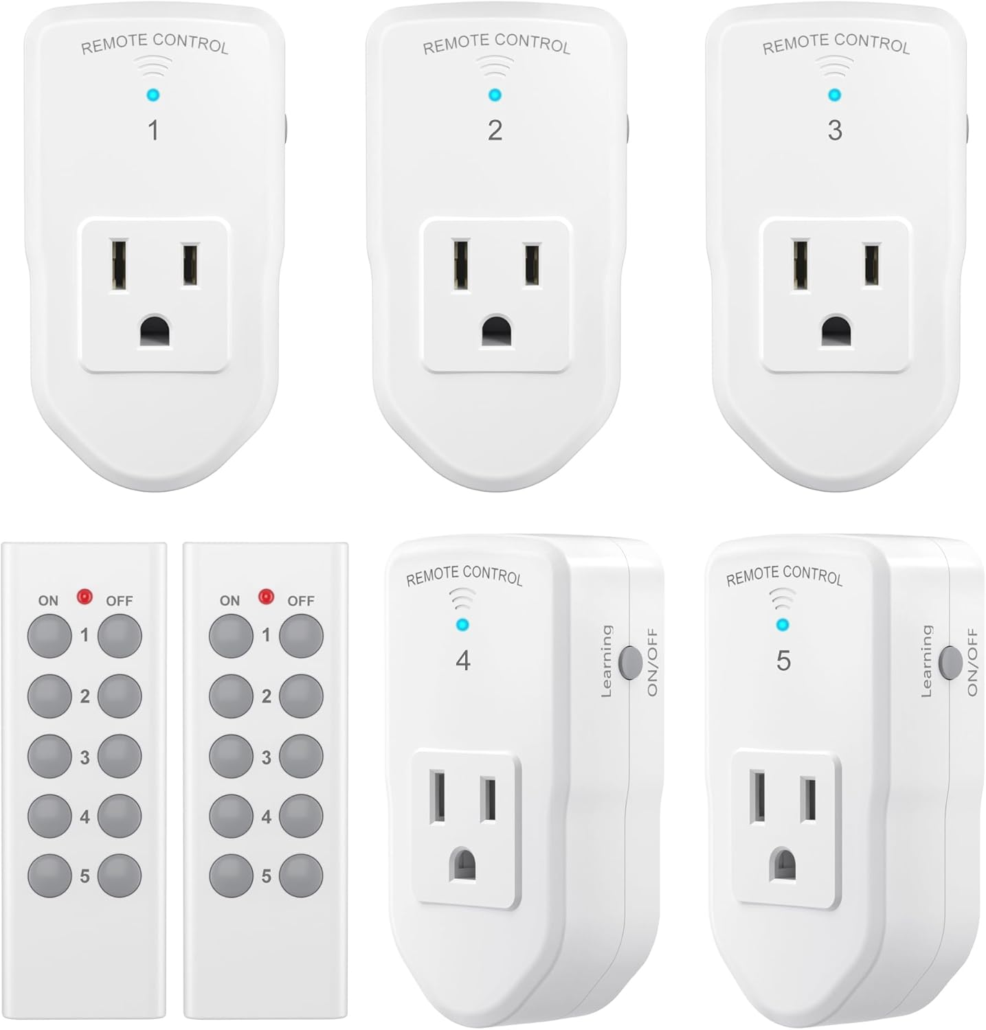 BN-LINK Wireless Remote Control Outlet Electrical Switch for Lights, Fans, Christmas Lights, Small Appliance, 100ft Long Range White (Learning Code, 5Rx-2Tx) 1200W\/10A, ETL & FCC Certified Smart Wireless Remote Control Outlets