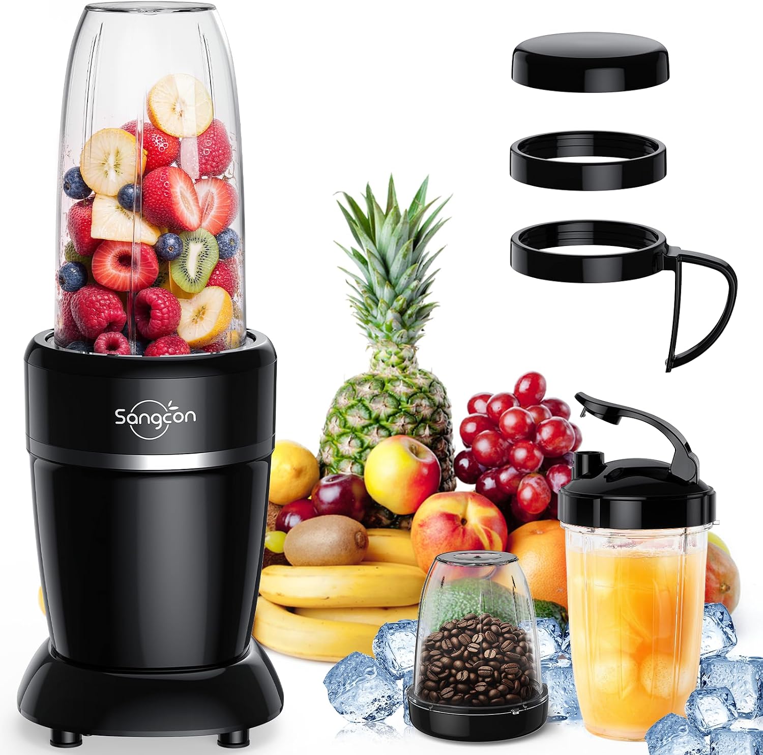 Sangcon 1000W Personal Smoothie Blender, Protein Shakes, Home & Gym, Black | 37\/32\/22 oz BPA-Free To-Go Cups with 6-Leaf Blade, Frozen Fruit, Ice Crushing, Baby Food, Sauces, Dips, Coffee, Nuts, Spices Sangcon 1000W Personal Blender